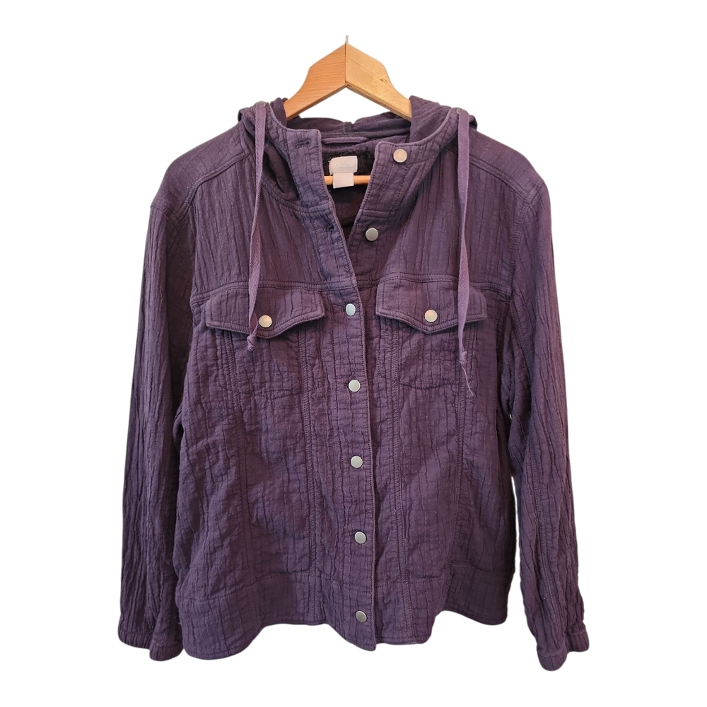 Chico's Navy Hooded Jacket with Crinkle Texture